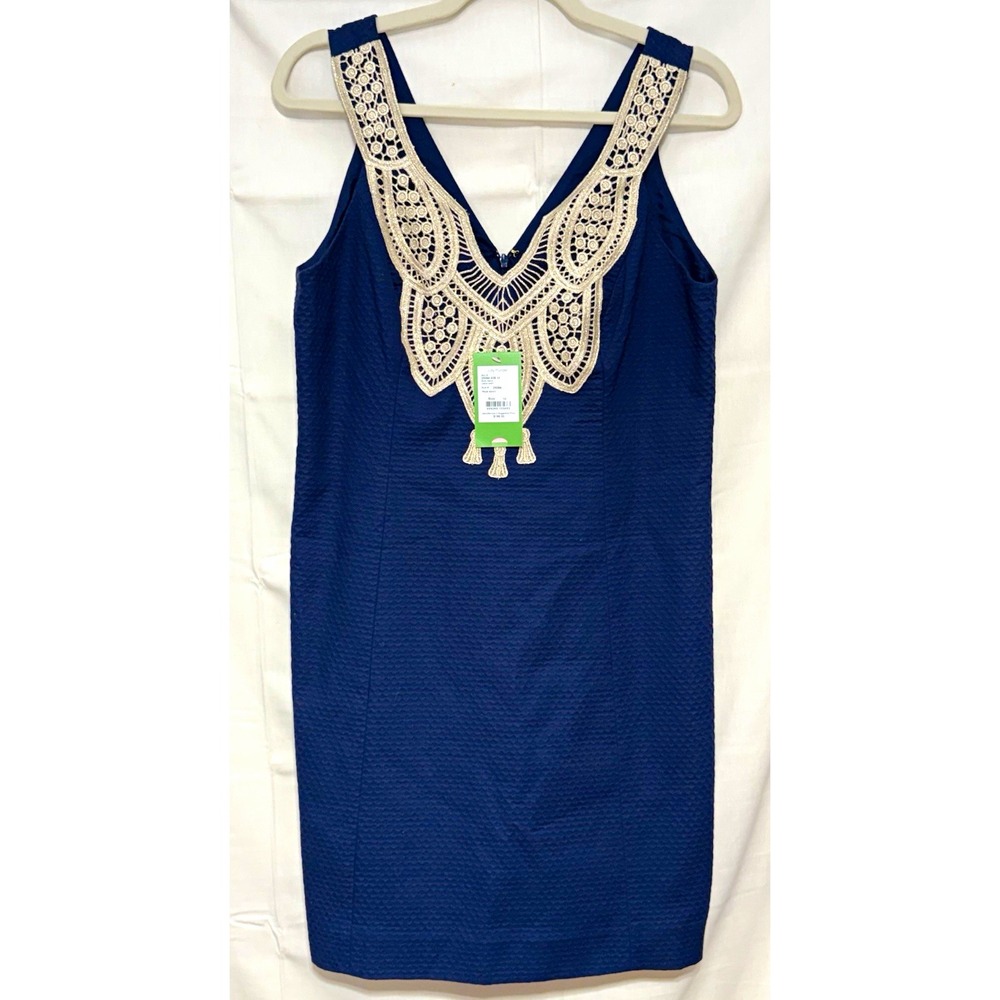 Lilly Pulitzer Navy White Seersucker Shift Dress Womens 10 V-Neck Lined Zip
